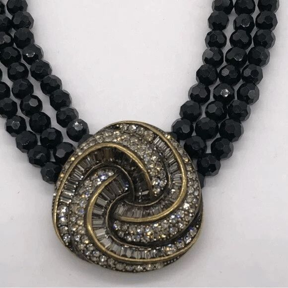 Heidi Daus Sultry Swirl Knot black beaded necklace Swarovski crystal 3 strand - Picture 1 of 10